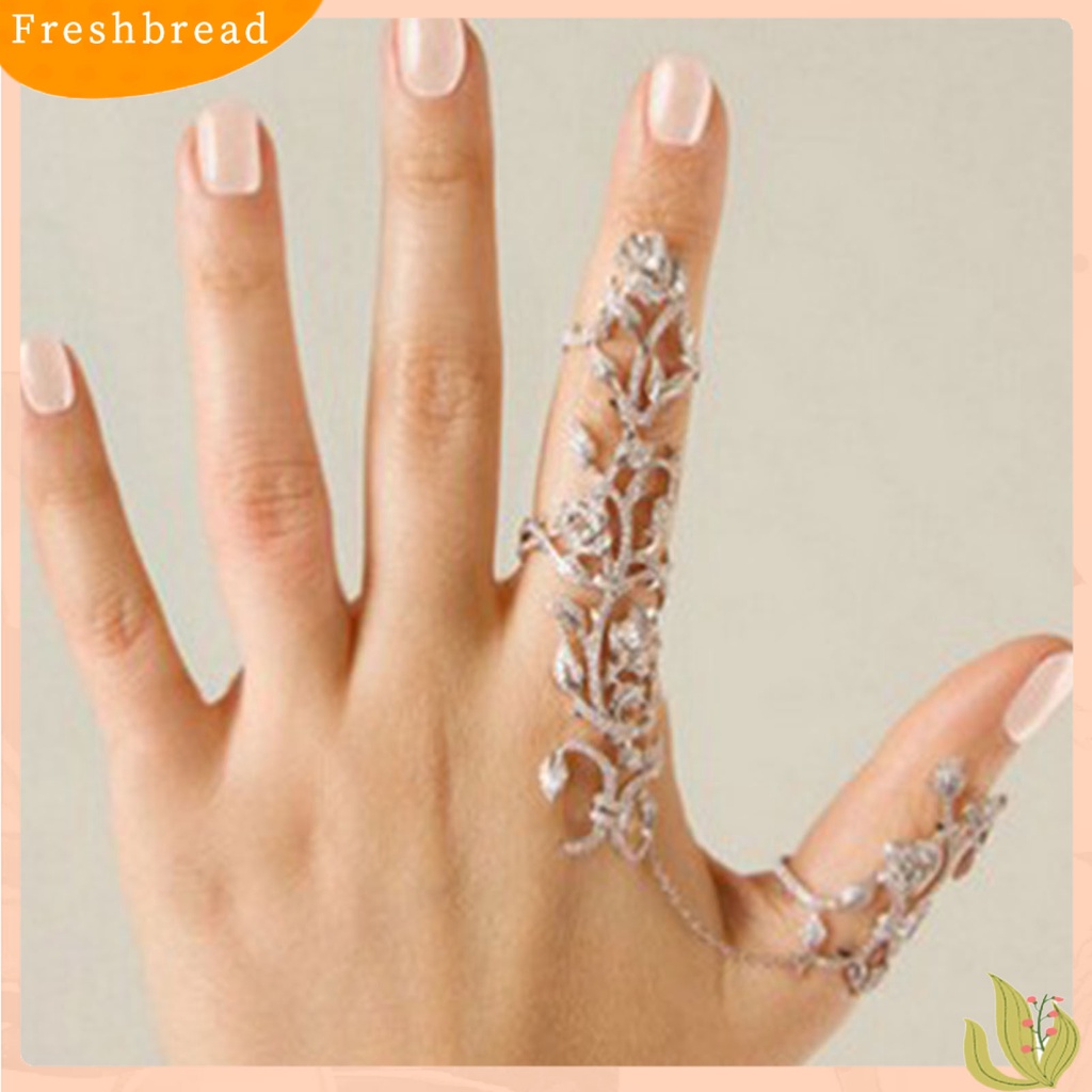 &lt; Freshbread &gt; Bersinar Dekoratif Cincin Jari Ganda Paduan Berlian Imitasi Penuh Bunga Mawar Rantai Link Rings Perhiasan Hadiah