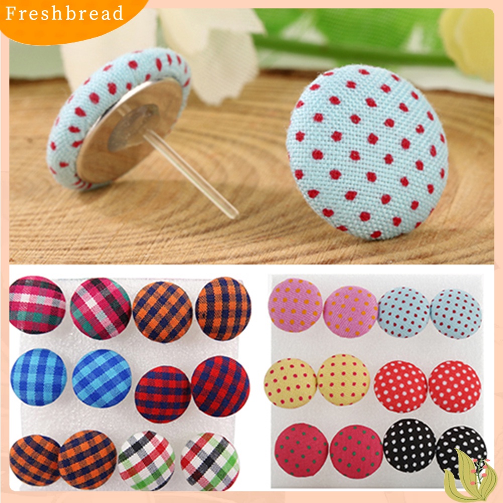 &lt; Freshbread &gt; 6pasang Kancing Kain Warna-Warni Vintage Pin Plastik Ear Studs Earrings Jewelry