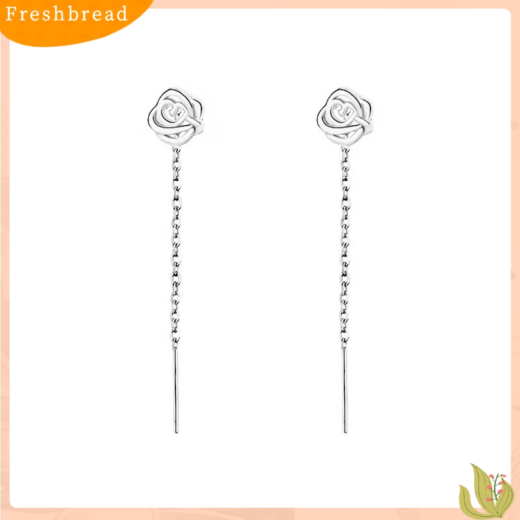 &lt; Freshbread &gt; 1pasang Wanita Drop Earrings Bersinar Berongga-out Bunga Mawar Garis Rantai Gaya Elegan Dekorasi Telinga Warna Emas/Perak Anting Liontin Panjang