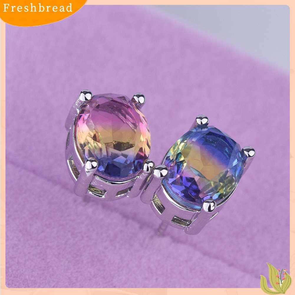 &lt; Freshbread &gt; Wanita Oval Kristal Imitasi Hias Telinga Stud Anting Pernikahan Pertunangan Perhiasan Hadiah