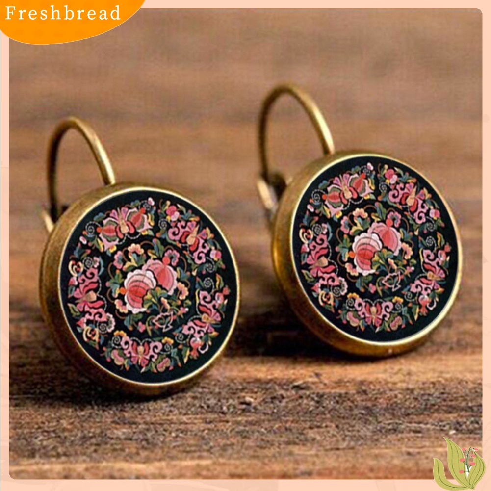 &lt; Freshbread &gt; Retro Mandala Bunga Bulat Perunggu Klip Telinga Gadis Wanita Leaverback Earrings