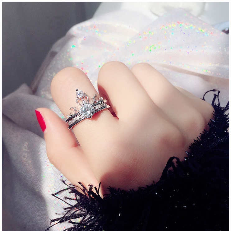 Goldkingdom Aksesoris Perhiasan Fashion Ready Stock Mahkota Two In One Cincin Wanita Cincin Pembukaan Yang Dapat Disesuaikan Berlapis Perak Cincin