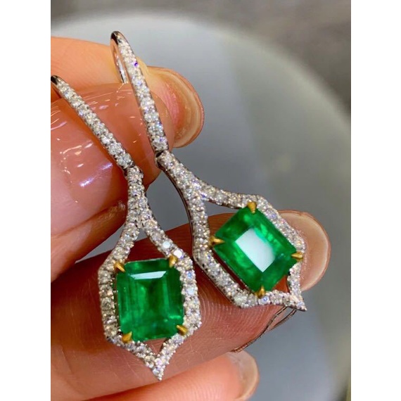 Goldkingdom Aksesoris Perhiasan Fashion Ready Stock Premium Jewelry Design Natural Emerald Princess Square Diamond Double Color Gold Earrings Anting Giwang Anting