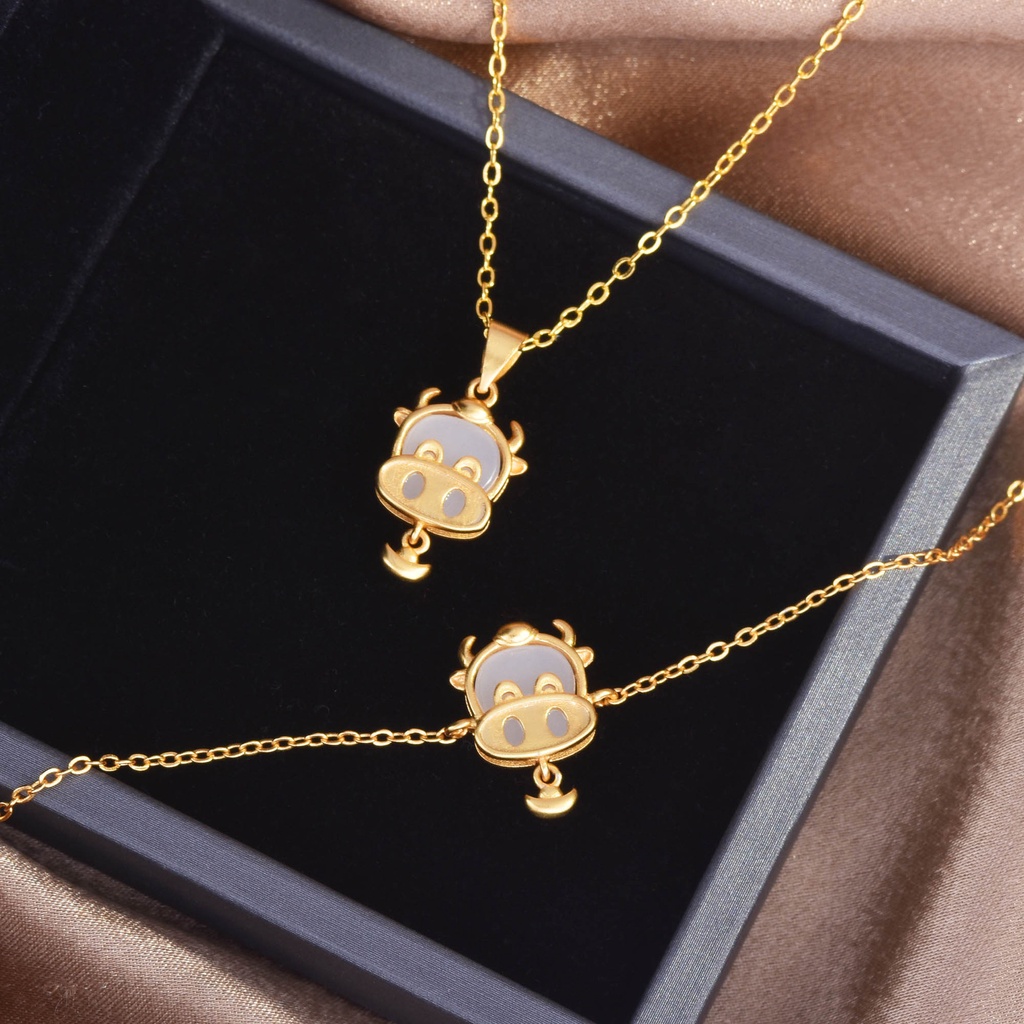 Goldkingdom Fashion Perhiasan Aksesoris Ready Stock Retro Giok Liontin Emas Ingot Kalung Dan Hetian Giok Giok Gelang Giok Putih Sapi Lucu Rantai Klavikula Set