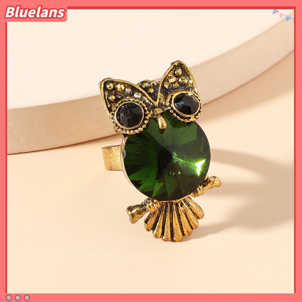 {In Stock} Cincin Wanita Hias Menggemaskan Hadiah Lucu Burung Hantu Hijau Berlian Imitasi Cincin Perhiasan Aksesoris