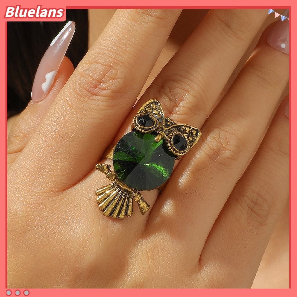 {In Stock} Cincin Wanita Hias Menggemaskan Hadiah Lucu Burung Hantu Hijau Berlian Imitasi Cincin Perhiasan Aksesoris