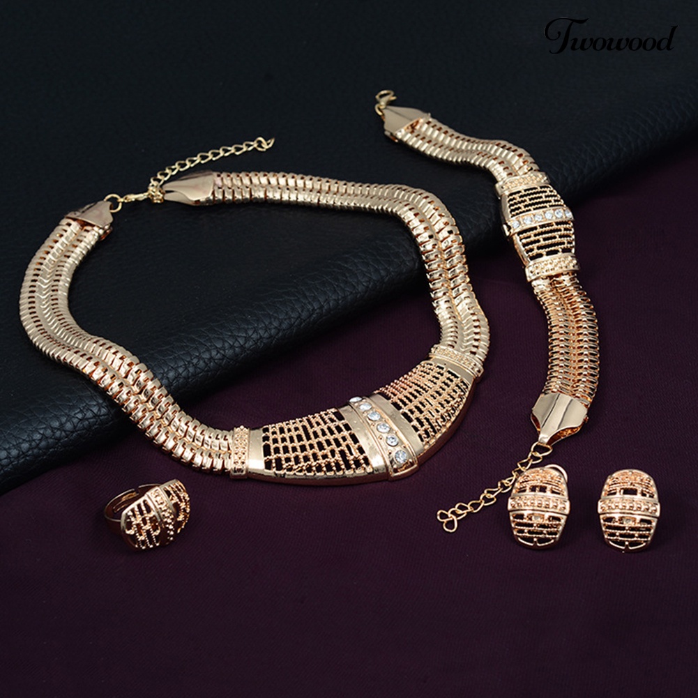 Twowood Set Perhiasan Pengantin Hollow Statement Wanita Choker Kalung Cincin Gelang Anting