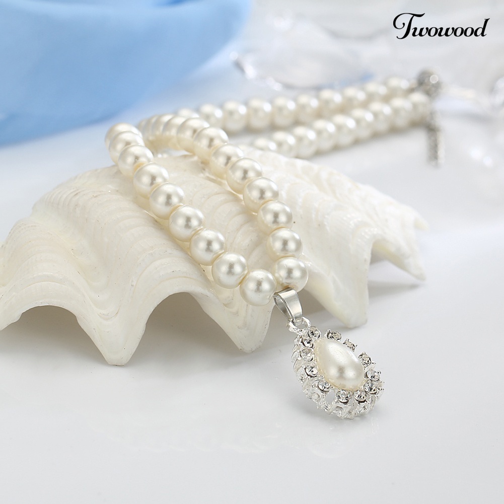 Twowood Water Drop Mutiara Imitasi Manik-Manik Berlian Imitasi Bridal Kalung Anting Set Perhiasan