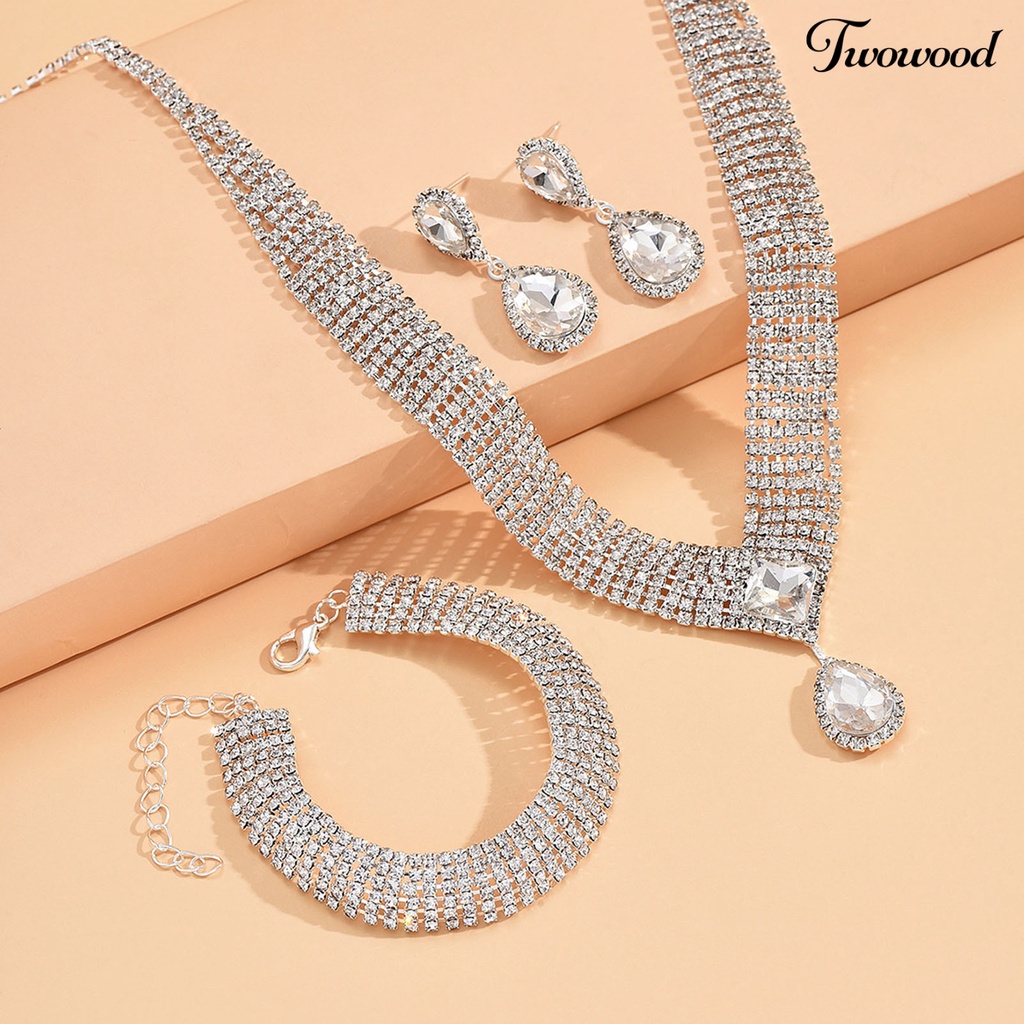 Twowood 4Pcs/Set Wanita Kalung Set High Gloss Dress Up Hypoallergenic Berlian Imitasi Bersinar Terang Kilau Set Perhiasan Aksesori