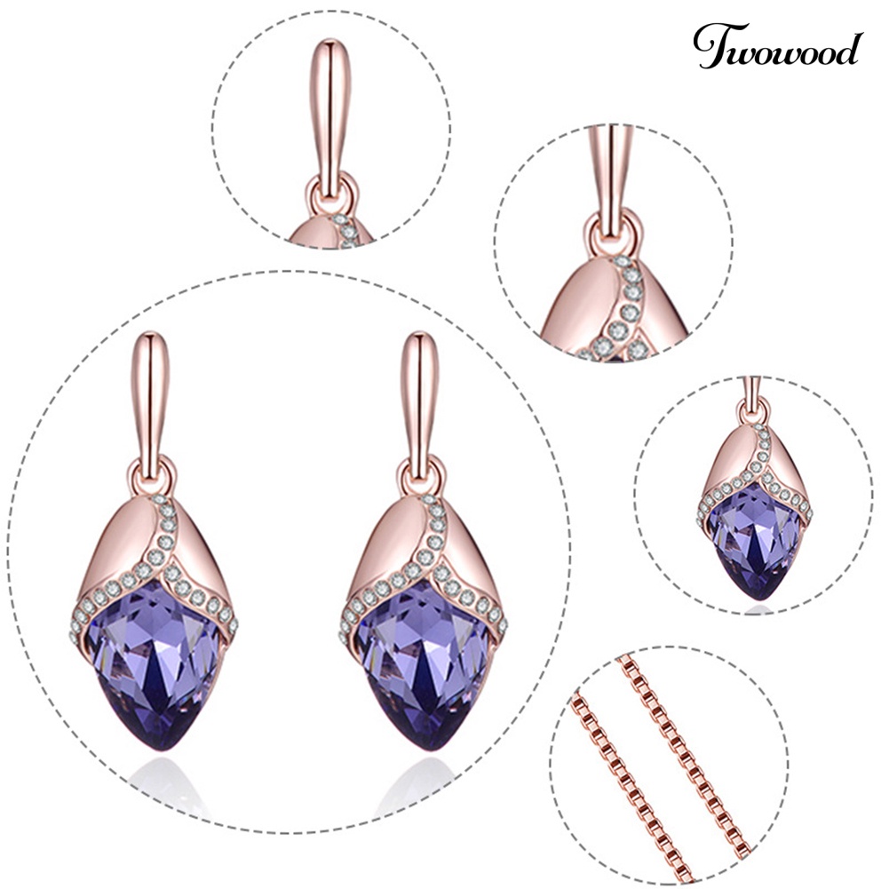 Twowood Marquise Bentuk Berlian Imitasi Liontin Kalung Telinga Stud Anting Wanita Set Perhiasan