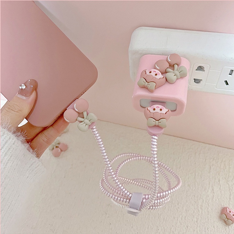 IPHONE Kartun Gadis Cherry Silikon Anti Putus Kabel Data Spiral Winder Pelindung Case Ponsel Charger Plug Pelindung Cover Kompatibel Untuk Iphone5 /18/20W Charger Data Line