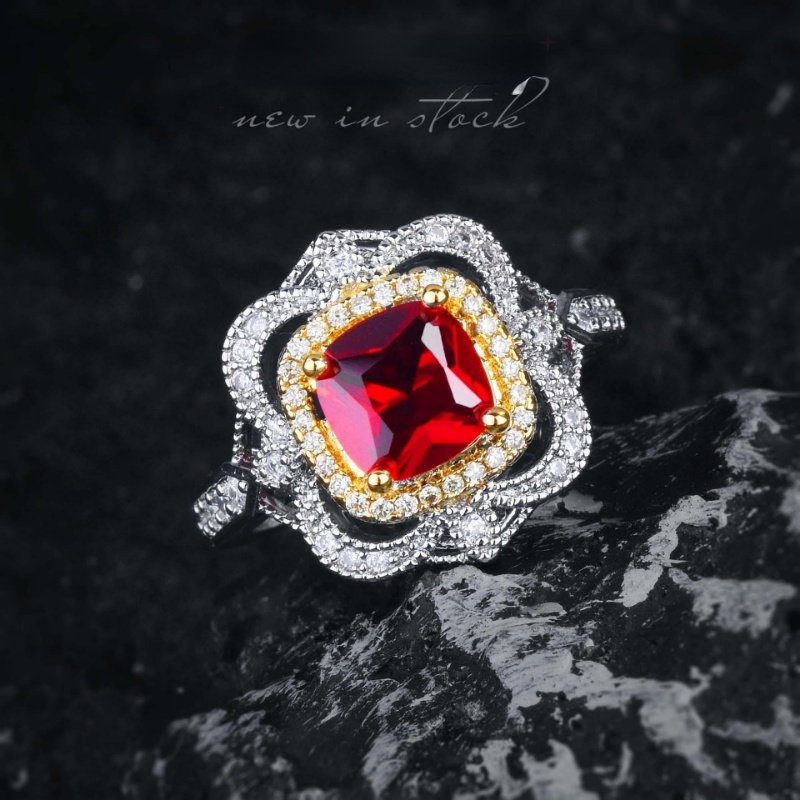 Goldkingdom Aksesoris Perhiasan Fashion Ready Stock Itali Bertekstur Ukir Emas Disikat Iris Mozambik Alami Tidak Gosong Darah Burung Merpati Merah Permata Cincin Perempuan.