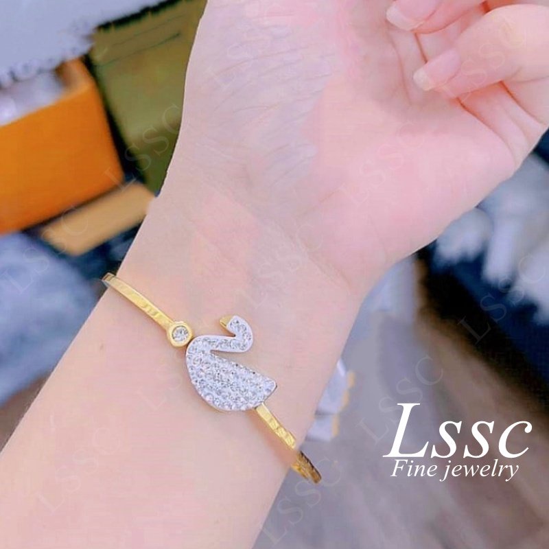 Gelang Titanium Wanita Anti Karat Angsa Swan Permata Cantik Emas 18K Dewasa Bangle Fashion Korea Aksesoris Perhiasan