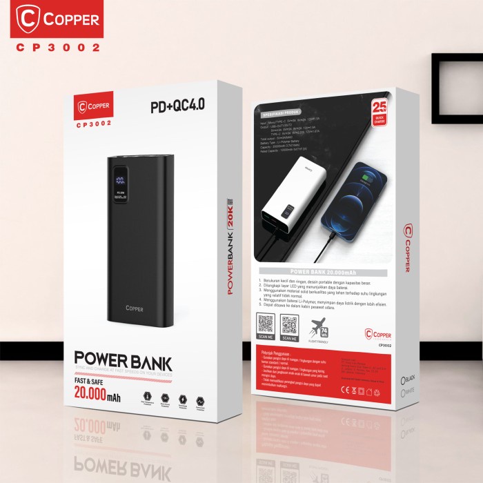 COPPER POWERBANK LED 20000 MAH - CP3002 | 25W POWER DELIVERY QC 4.0 - Hitam