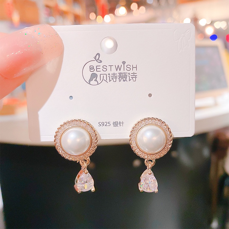 Fashion Mutiara Berlian Imitasi Anting Wanita Berlapis Perak Pin Stud Earrings