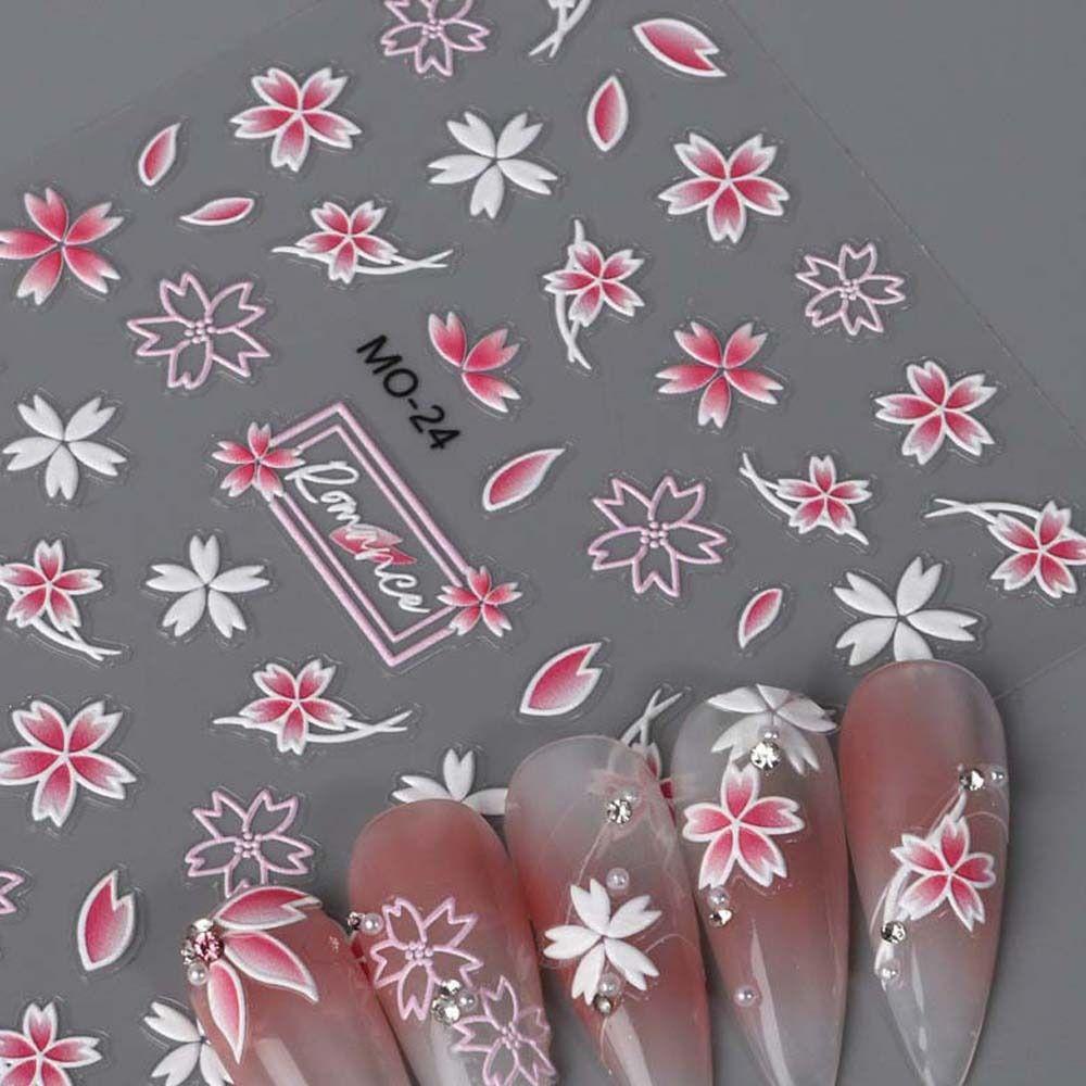 Agustinina Bunga Stiker Kuku Fashion Musim Semi Daun Gaya Jepang Cherry Blossom Self Adhesive Nail Dekorasi