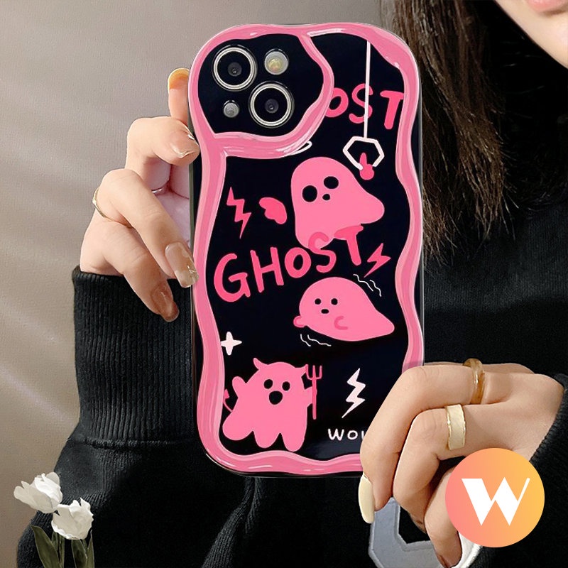 IPHONE Casing Ponsel Lucu Pink Soul Ghost Kompatibel Untuk Iphone7 8 6 6s Plus 11 13 12 14 Pro Max XR X XS Max SE 2020 3D Wavy Curved Edge Tpu Lembut Glossy Shockproof Cover