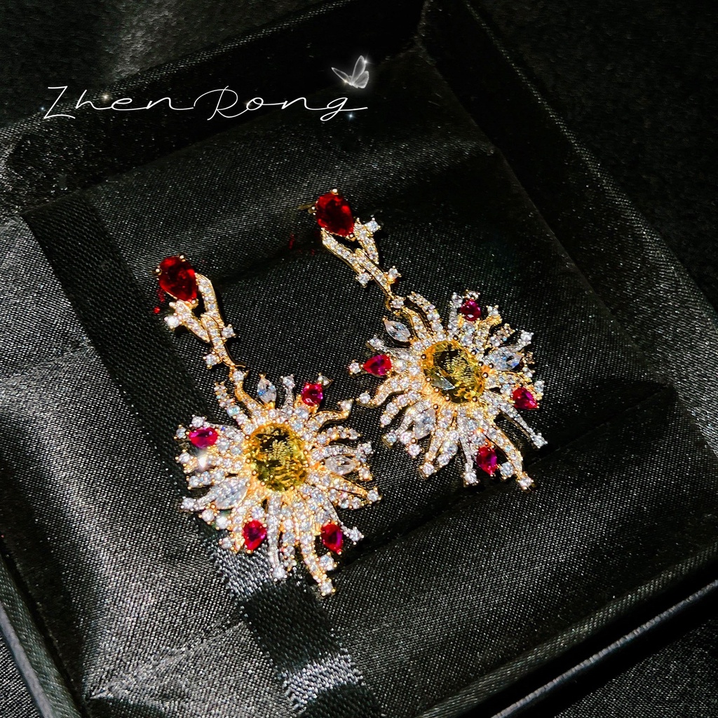 Goldkingdom Fashion Perhiasan Aksesoris Ready Stock French Vintage Full Diamond Bunga Matahari Berlian Kuning, Gaya Vintage Dewa Matahari Seni Desain Anting Panjang