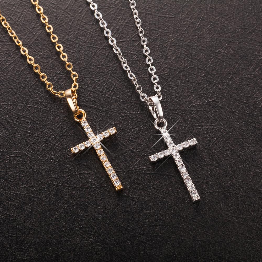 Fashion Bersinar Salib Liontin Kalung Untuk Wanita Pria Yesus Berlian Imitasi Kalung Unisex Perhiasan Aksesoris