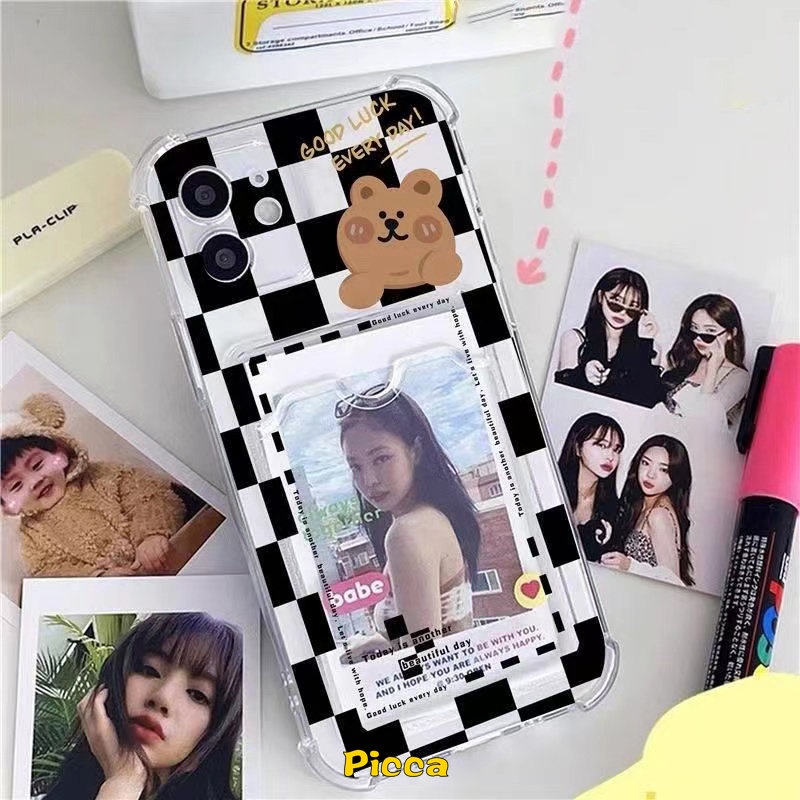 Kartun Lucu Bear Case Oppo A16 A95 A55 A12 A15 A96 A15s A7 A9 A5 2020 A5s A54 A74 A3s A12E A76 Reno8 7 5G A11K A36 A35 INS Dompet Slot Card Holder Anti Jatuh Lembut Tpu Penutup Belakang