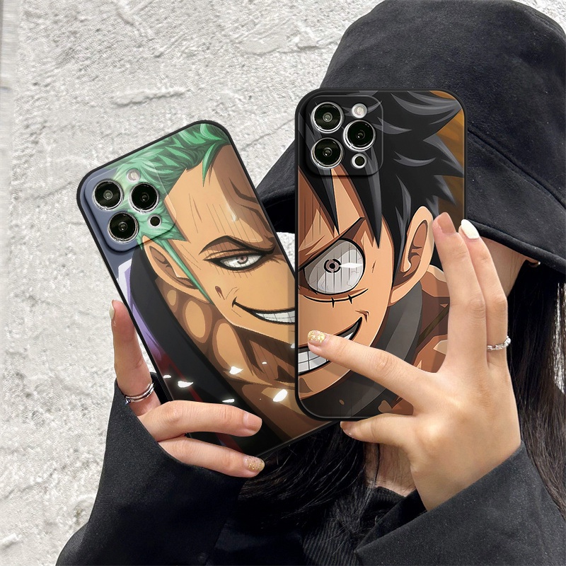 IPHONE Fashion Keren Luffy Zoro Case Kompatibel Untuk Iphone13 11 1412 Pro Max 7Plus XR 7 6 8 6S Plus XS Max X SE 2020 Tepi Lurus Kartun One Piece Tpu Soft Case