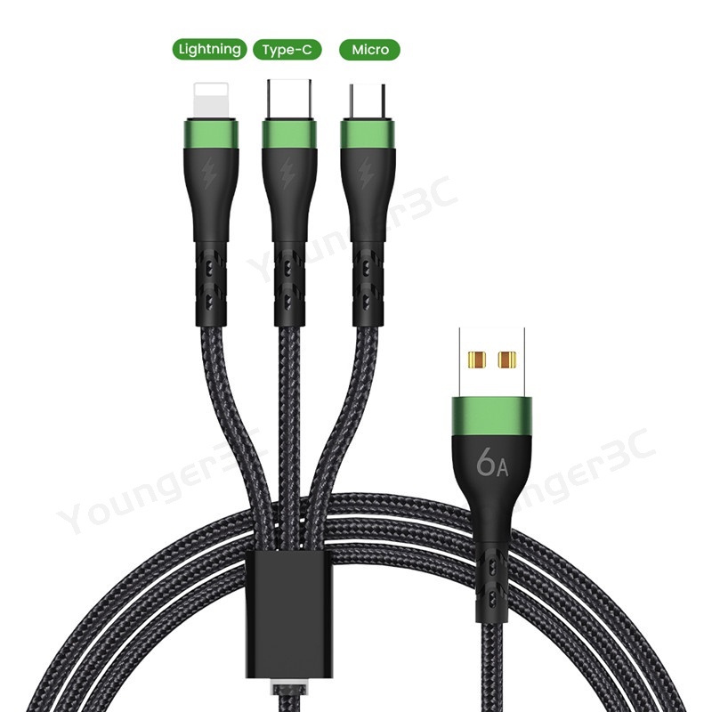 6a Kabel Charger Super Cepat Dengan Lampu Indikator Nylon Braided Data Line 3in1 Kabel USB Ke ios Android type C Untuk Ponsel