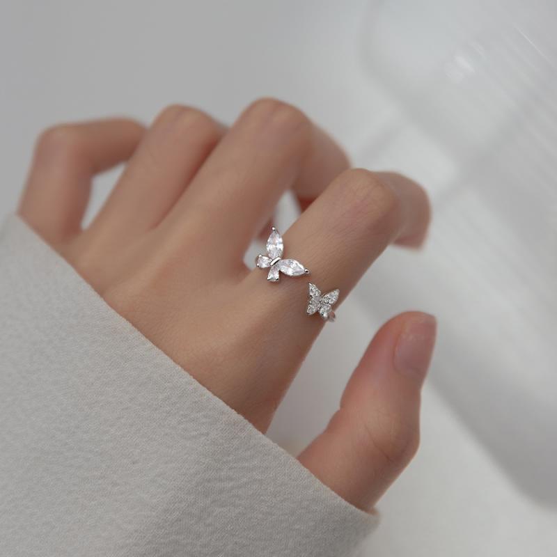 Cincin Perak925 opening design flash diamond zircon butterfly ring lady korea