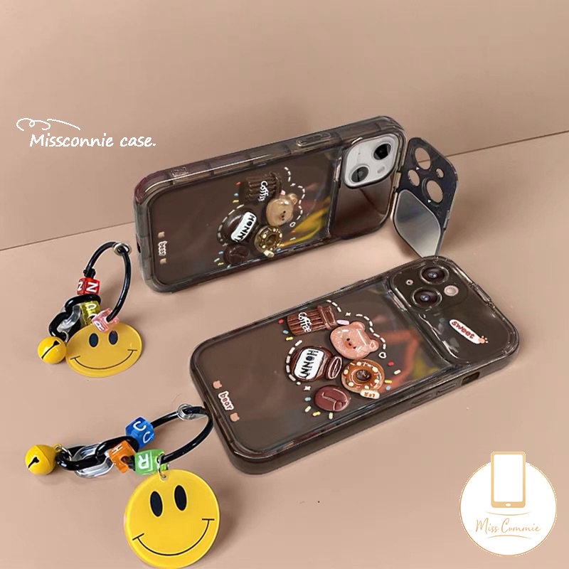 Casing Cermin Make Up Flip Kreatif Untuk Oppo A57 A12 A7 A3s A5s A53 A9 A5 A15 A15s A77S A11K A31 A33 2020 A77 A35 3D Kartun Lucu Mainan Beruang Kopi Donat Shockproof Soft Phone Cover