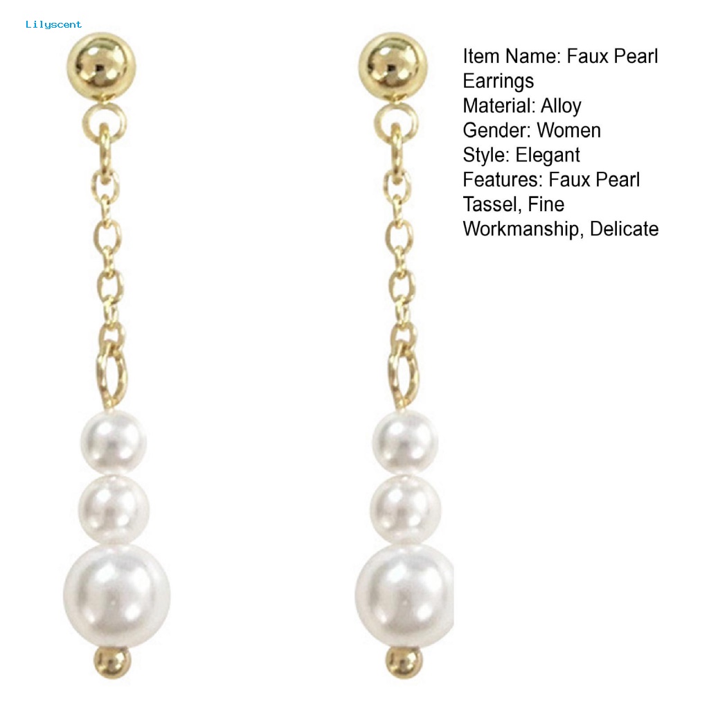 Lilyscent 1pasang Hypoallergenic Stud Earrings Fashion Perhiasan Shiny Faux Pearl Tassel Stud Earrings Golden