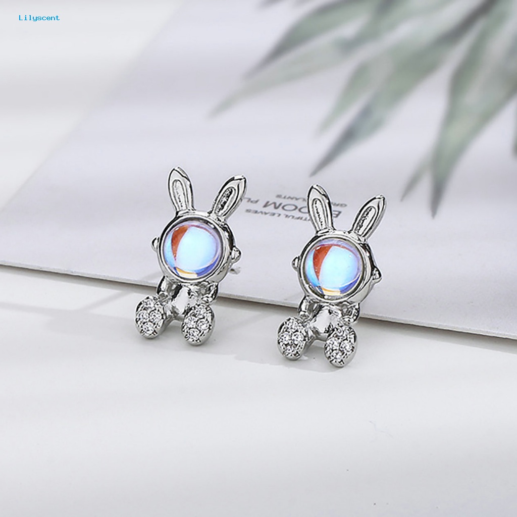 Lilyscent 1pasang Giwang Telinga Tembaga Perhiasan Aksesoris Berlian Imitasi Hias Kelinci Bunny Ear Studs Warna Silver