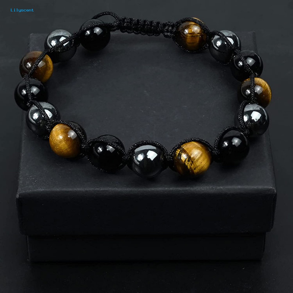 Lilyscent Gelang Manik-Manik Anti Luntur Perlengkapan Pesta Obsidian Hematite Pria Wanita Bracelet Glossy