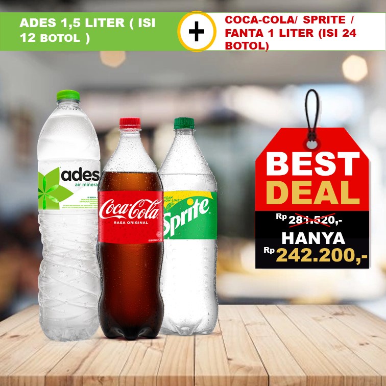 

PROMO PAKET COCA-COLA/SPRITE/FANTA 1L ( Isi 24) DAN ADES 1,5L (Isi 12)