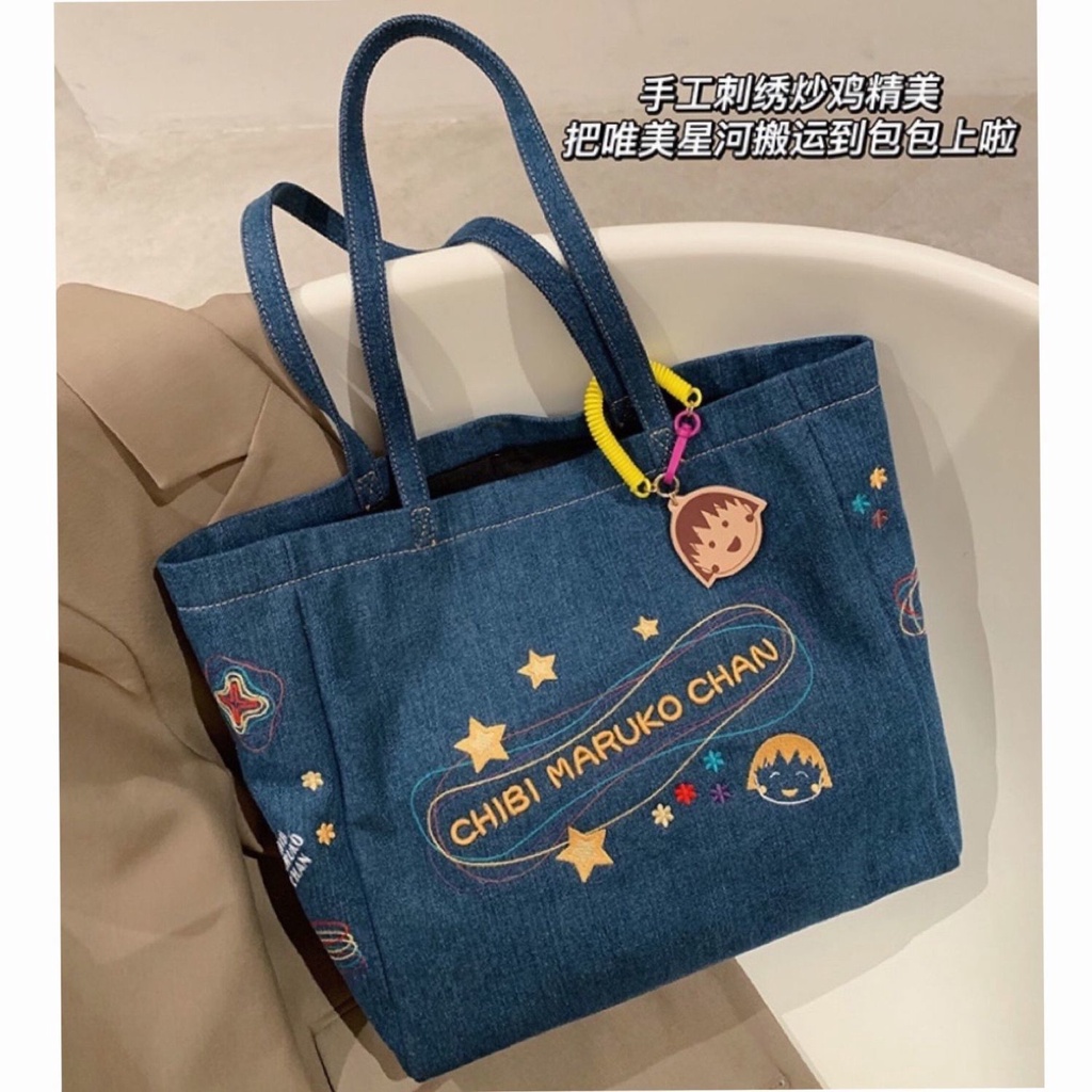 ☍Sera Dark Blue Galaxy Tote Bag 2022 Baru Kanvas Tas Wanita Kapasitas Besar Denim Tas Bahu Kecil Maruko Messenger Bag