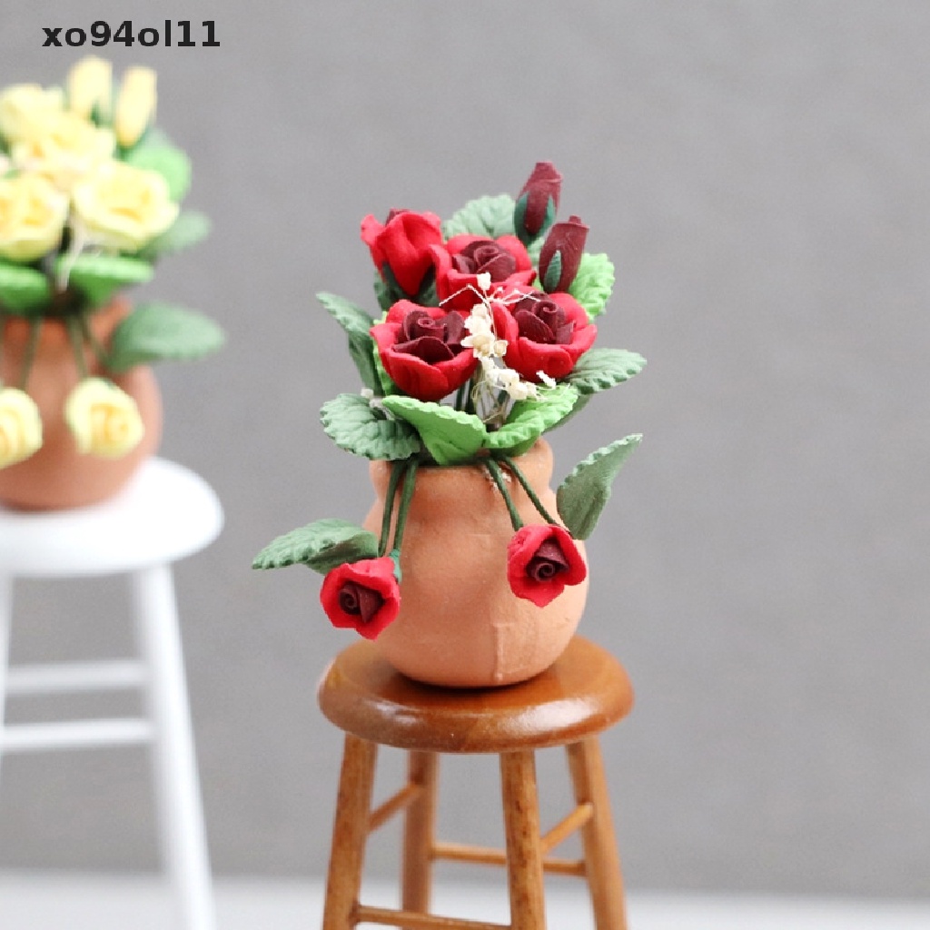 Xo 1: 12rumah Boneka Miniatur Mawar Bunga Flowers Pot Model Taman Dekorasi Mainan Aksesoris Rumah Boneka OL