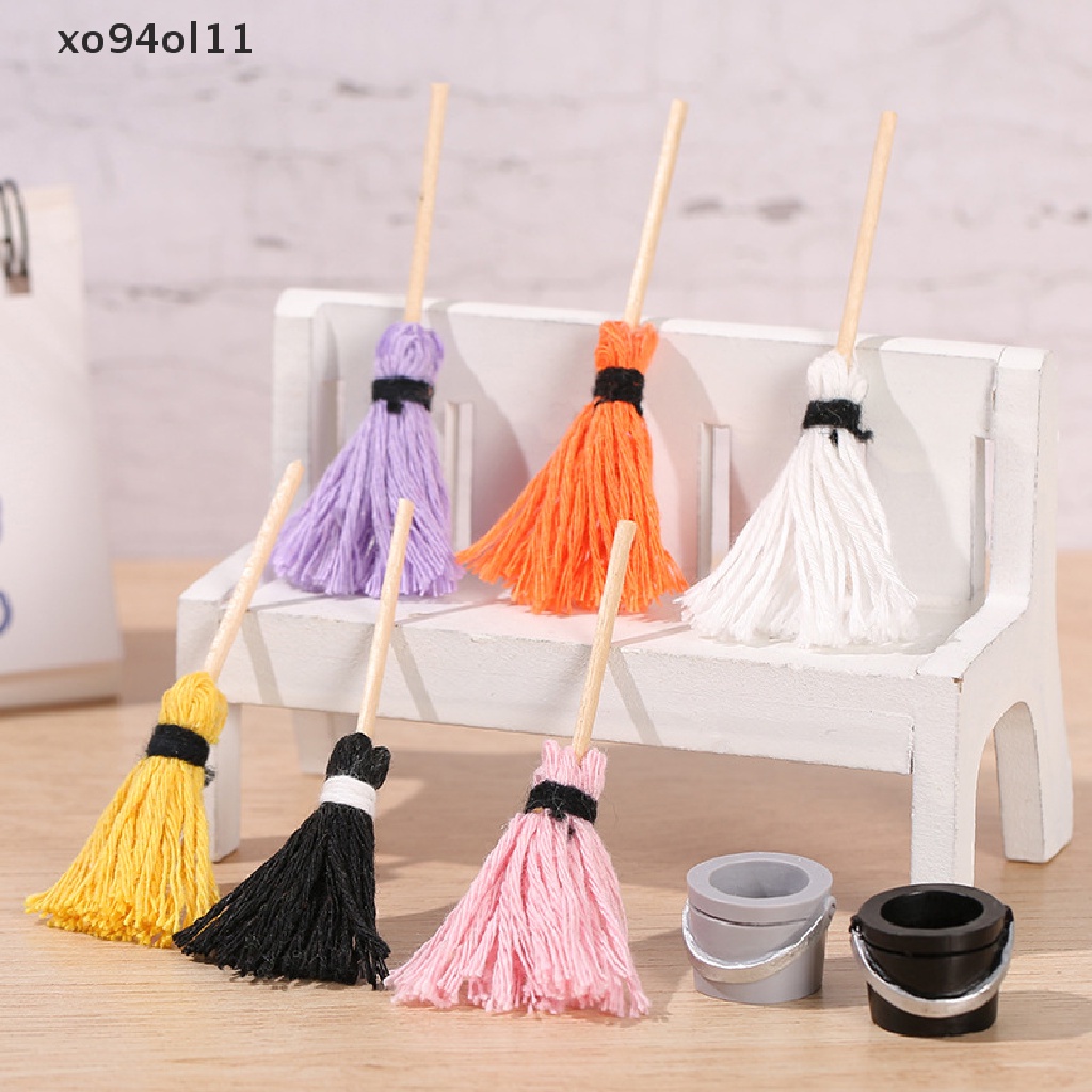 Xo 1Pcs/2Pcs Mini Mop Bucket Miniatur Furniture Mainan Rumah Boneka Alat Pembersih Mainan OL