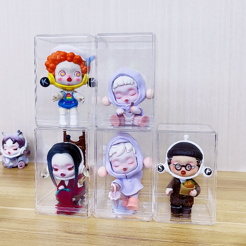 Kotak Penyimpanan Boneka Mainan Plastik Transparan Mini Tahan Debu/Stackable Cartoon Handcraft Display Case/Kotak Koleksi Patung Seni Rumah