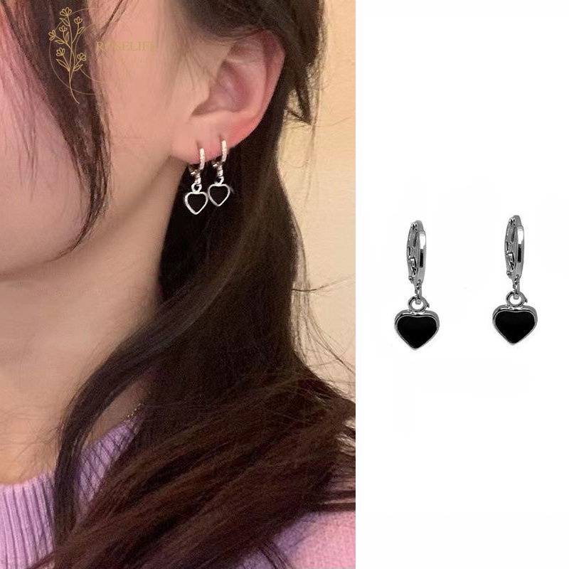 Roselife Korea Keren Manis S925 Perak Hitam Jantung Anting Hoop Untuk Wanita Perempuan Chic Anting Cinta Trendi Pakaian Sehari-Hari Telinga Perhiasan 1pasang