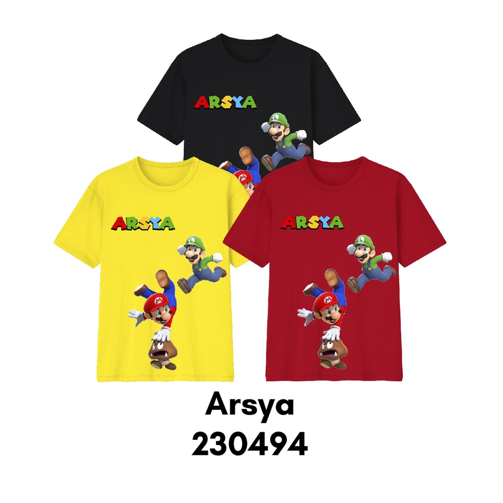 Baju Kaos Custom Nama Tema Arsya MarioBros Ready size Bayi sampai Dewasa Bahan Katun Combed 30s