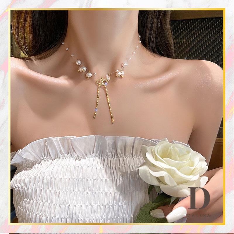 Kalung Mutiara Rantai Transparan dengan Liontin Pita Kristal