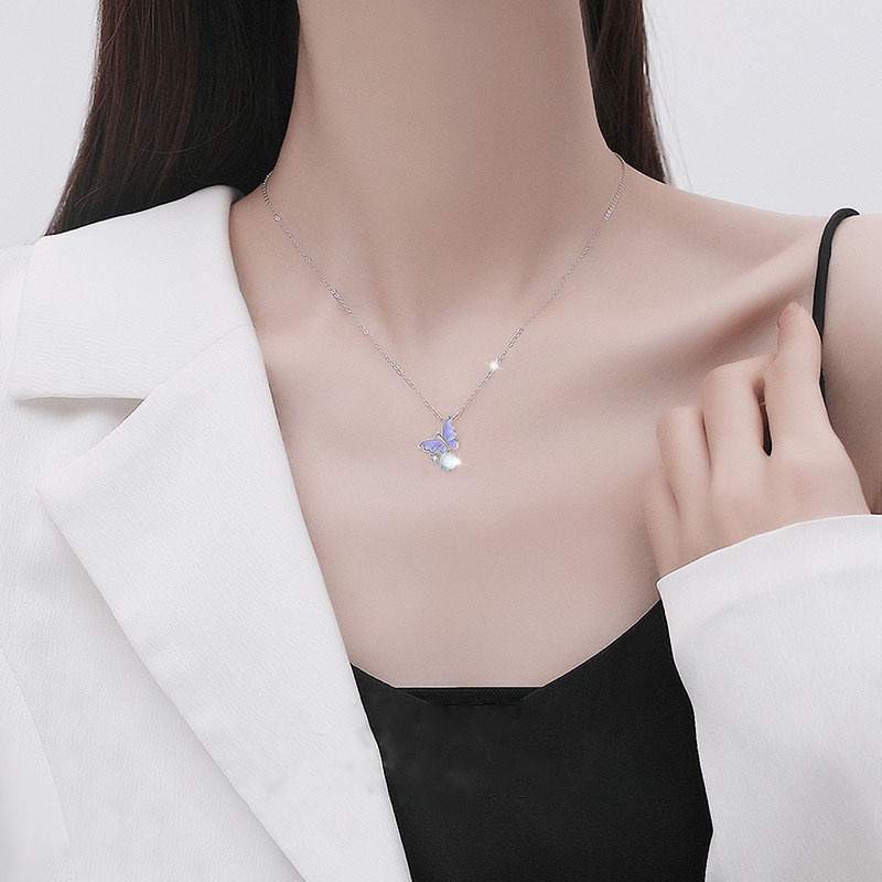 Ins Bubble Butterfly Necklace Kalung Liontin Opal Zircon Kupu-Kupu Ungu Korea Untuk Wanita
