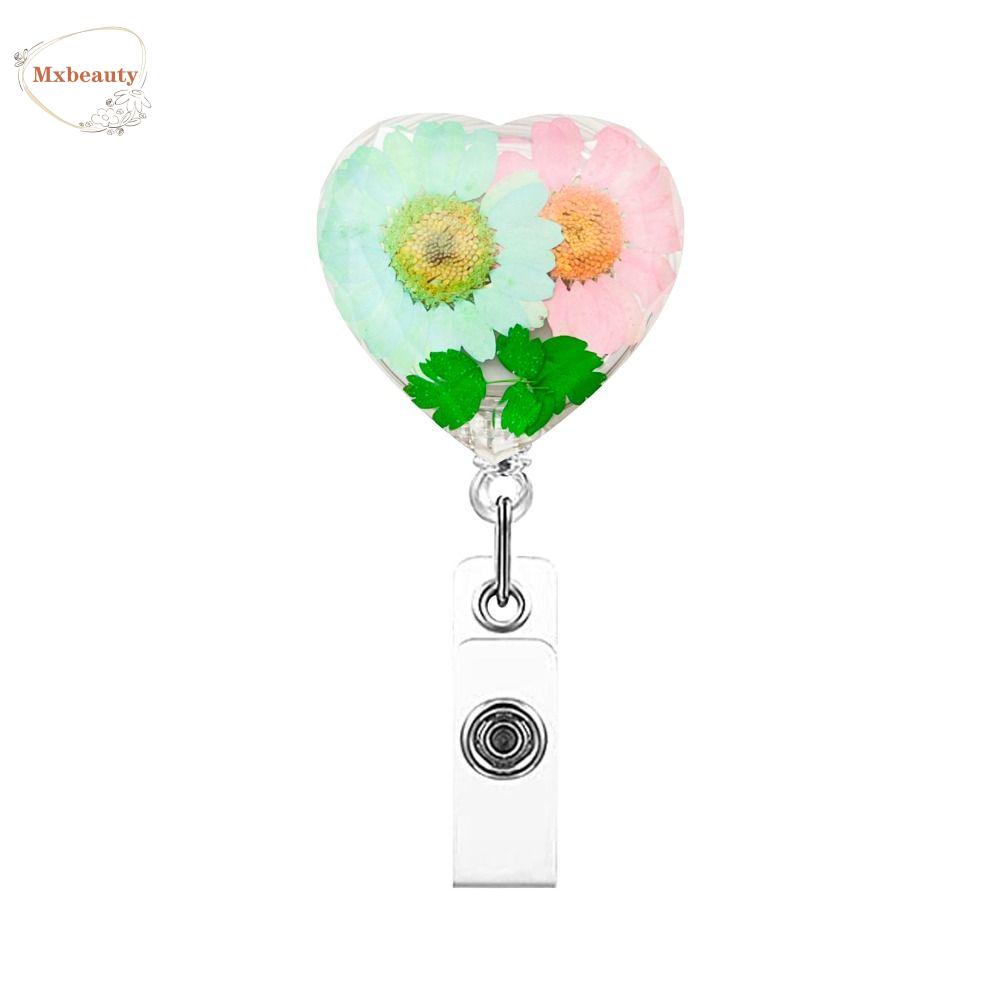 Mxbeauty Badge Reel Transparan Kreatif Resin Ditarik ID Badge Klip Bentuk Hati Lencana Gulungan Klip Berputar Ditekan Bunga Buaya Klip Card Badge Holder