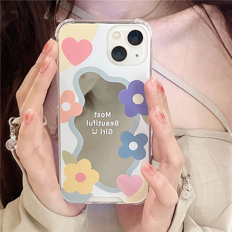 【Anti Fall Mirror】Pretty Silver Makeup Silicone Soft Case Iphone 6S 7 8 Plus X XR XS Max IPhone 11 12 13 14 Pro Max 14 Plus 7+ 8+ 12 13 mini for Women Girl Ins Colorful SunFlower