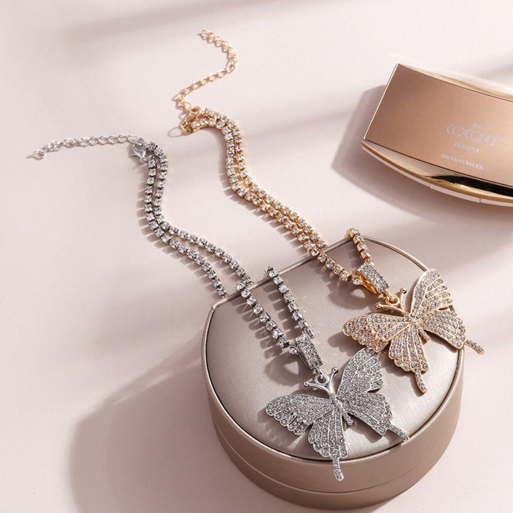 Lily Butterfly Pendant Necklace Elegant Diamond-Embedded Alloy Choker Necklaces