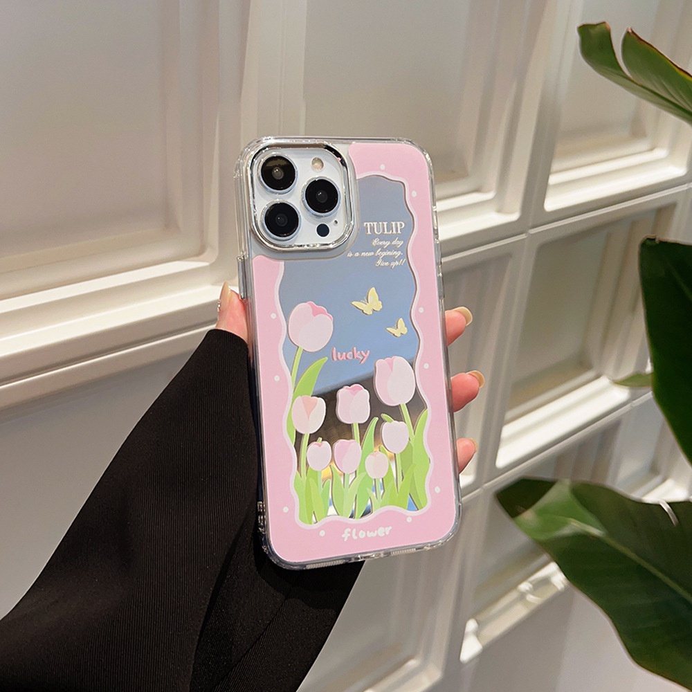 IPHONE Ins Pink Tulip Make Up Mirror Transparan Case Untuk Iphone14 11 12 13 PRO MAX Casing Cover Pelindung AT0215