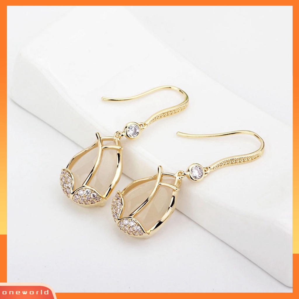 [EONE] 1pasang Liontin Anting Tulip Liontin Bersinar Berlian Imitasi Inlay Geometris High-end Dress Up Hypoallergenic Mewah Wanita Cubic Zirconia Bunga Telinga Kait Perlengkapan Kostum