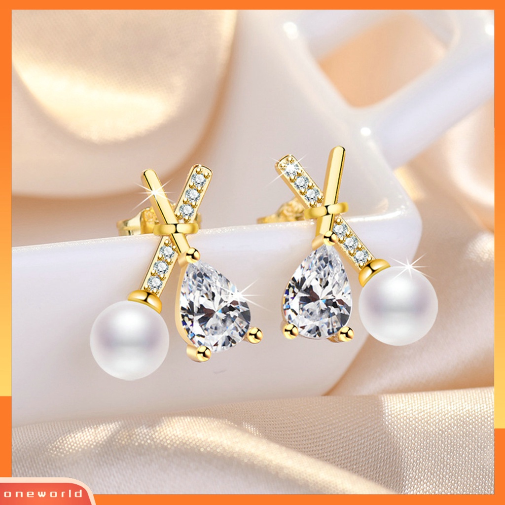 [EONE] 1pasang Ear Studs X Shaped Shining French Style Berlian Imitasi Hias Dekorasi High Gloss Tidak Teratur Faux Zircon Pearl Women Earrings Untuk Pesta