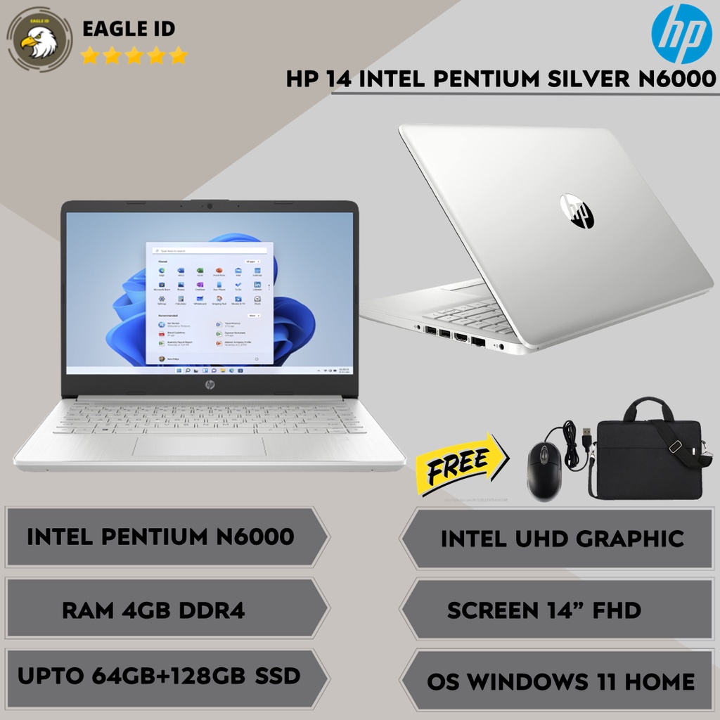 LAPTOP KULIAH KERJA HP 14 INTEL QUADCORE N6000 4GB 64GB+128GB SSD FHD EX DISPLAY WIN11HOME SILVER