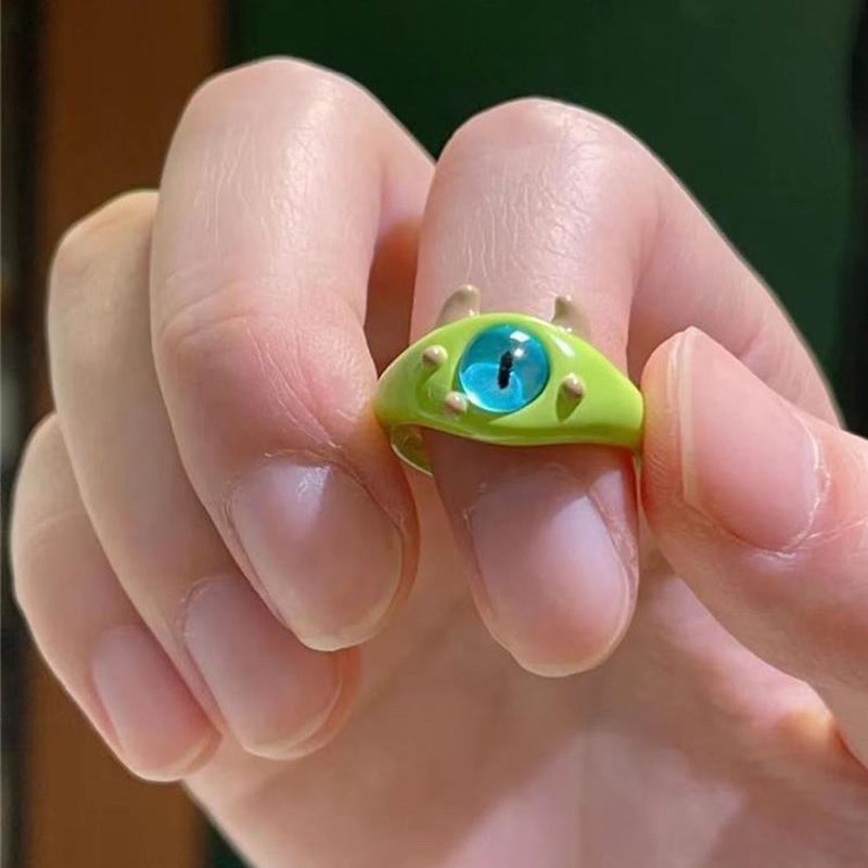 Cincin Geometris Mata Besar Monster Kecil Bahan Alloy Lucu Untuk Anak Perempuan