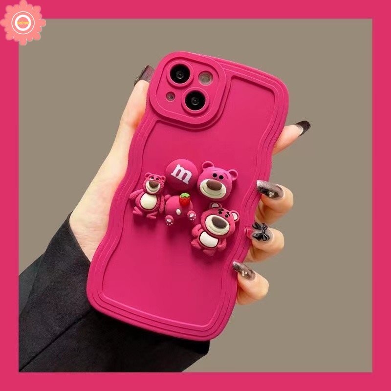 IPHONE 3d Boneka Kartun Strawberry Bear Bow Rose Red Case Kompatibel Untuk Iphone11Xr 7Plus 14 12 13 Pro Max7 8 14 Plus X XS MAX Mewah Shockproof Wavy Edge Back Cover