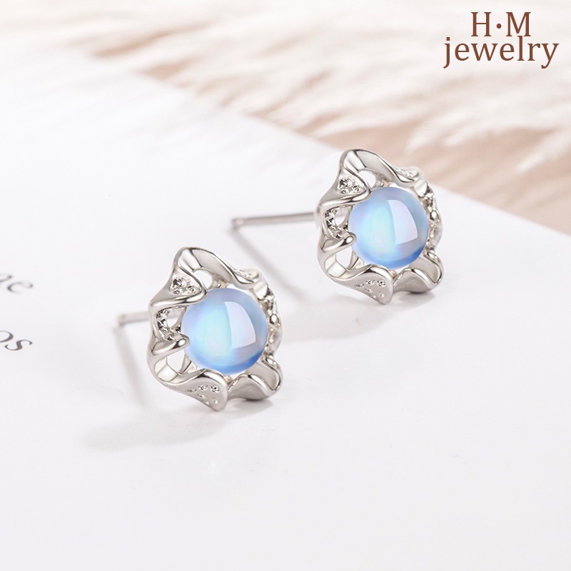 S925 Perak2023Baru Trendi Tidak Teratur Moonstone Renda Anting Pejantan Retro Elegan Bermutu Tinggi Anting-Anting